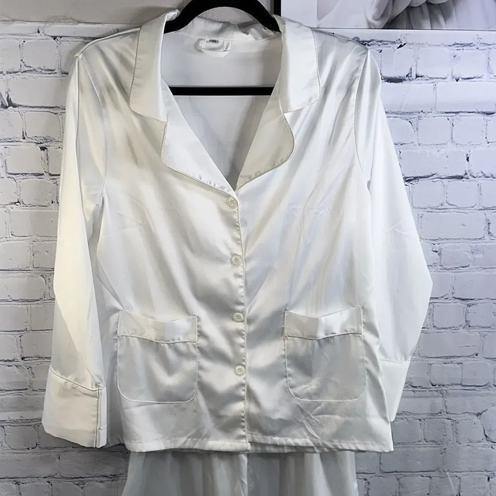 ✨ White Satin Pajama Set - Long Sleeve Button-Up Top w Drawstring Shorts, Sz XS